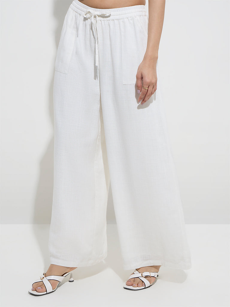 Westside LOV Women's White Linen-Blend High-Rise Pants for Casual Wear Front View
