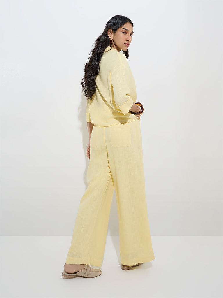 Westside LOV Women's Yellow High-Rise Linen-Blend Trousers for Casual Wear Back View
