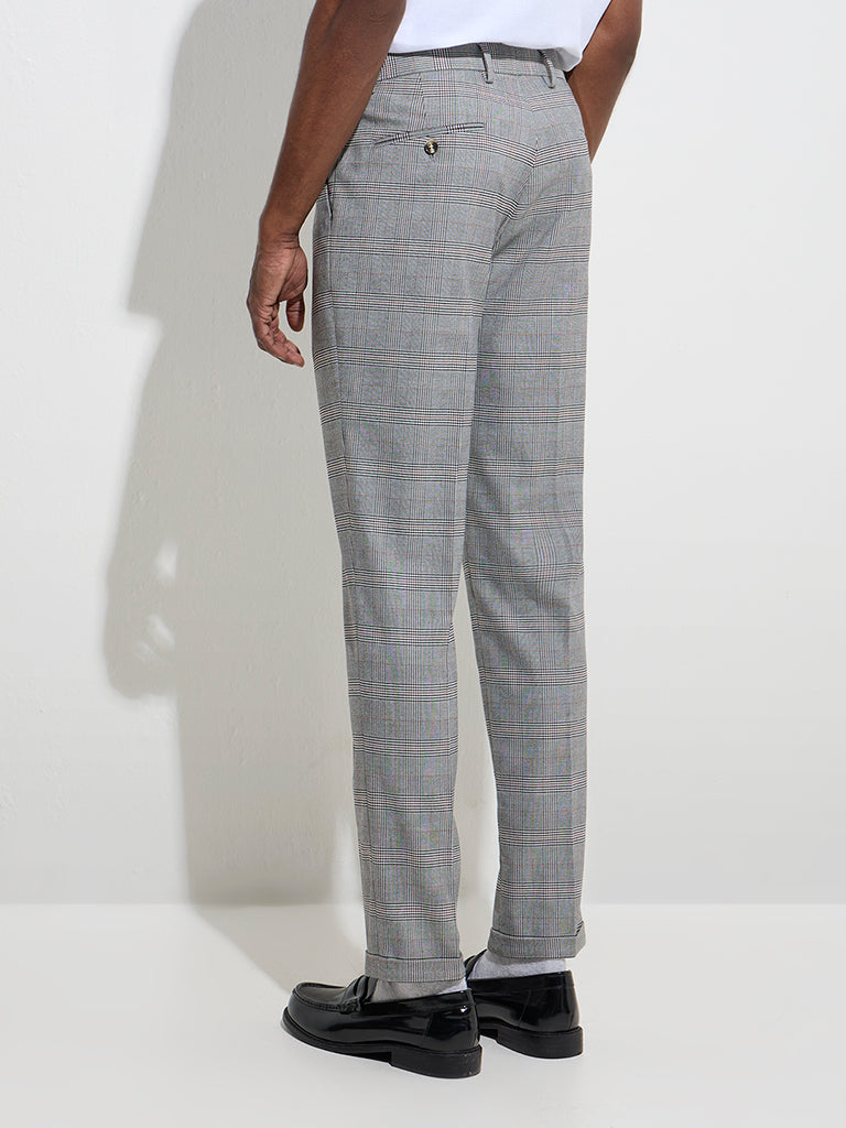 Westside WES Formals Men's Grey Checkered Slim-Fit Mid-Rise Trousers for Work Wear Back View