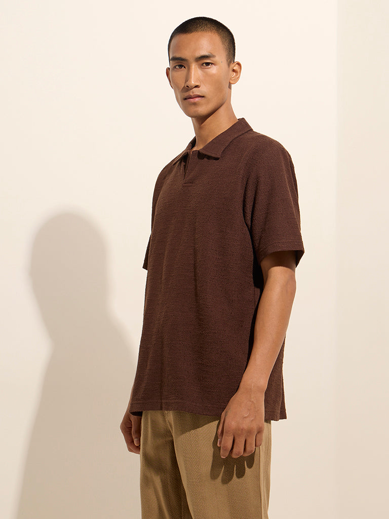 Buy ETA Dark Brown Knitted Relaxed-Fit Cotton Polo T-Shirt from