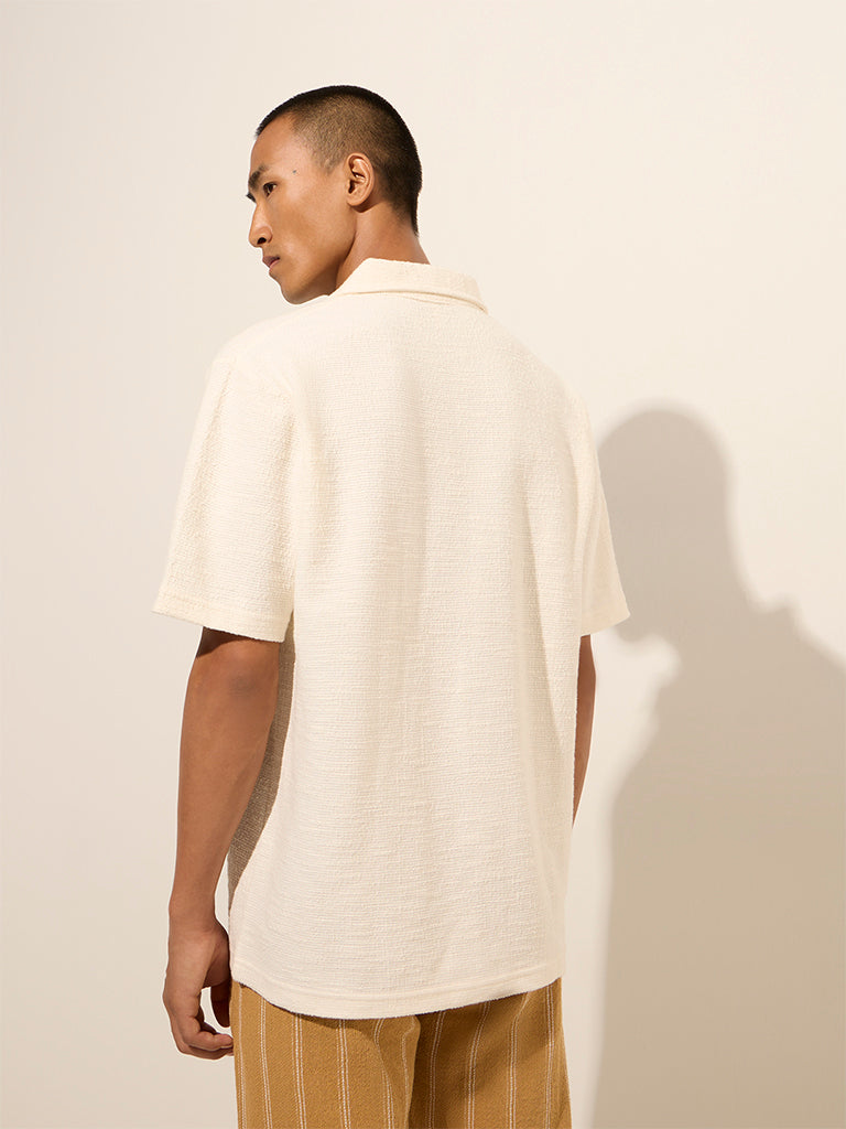 Westside ETA Men's Off-White Knit-Textured Relaxed-Fit Cotton Polo T-Shirt for Casual Wear Back View