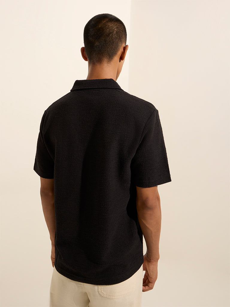 Westside ETA Men's Black Knit-Textured Relaxed-Fit Cotton Polo T-Shirt for Casual Wear Back View