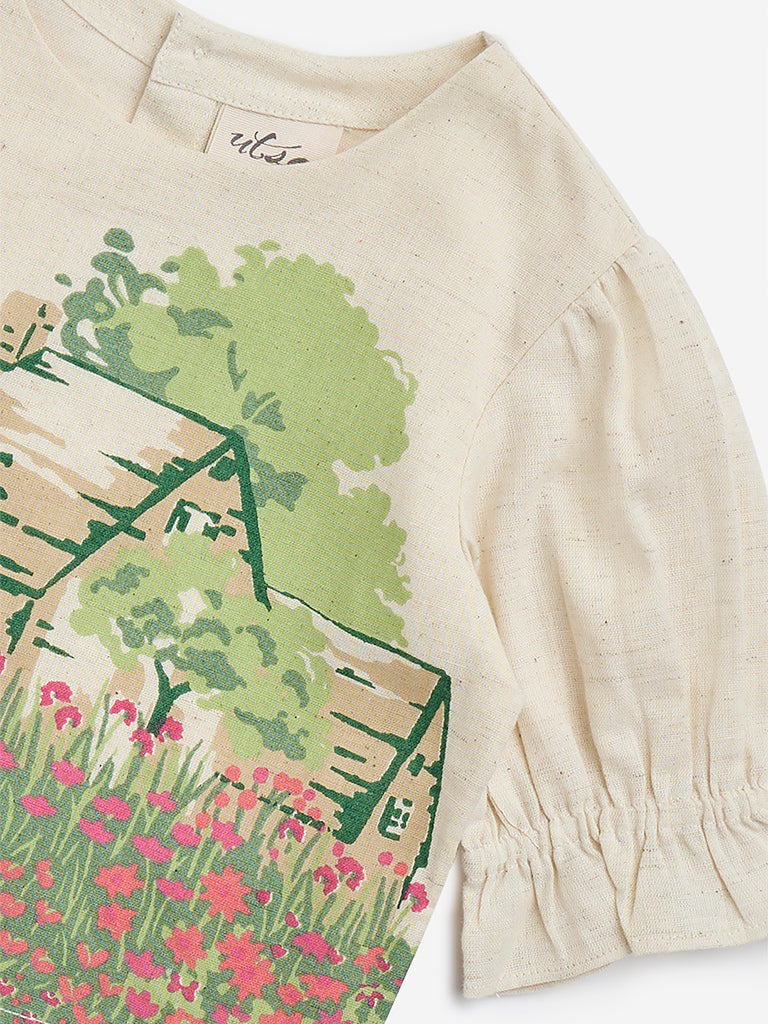 Westside Utsa Kids Off-White Scenic-Printed Cotton-Blend Top - (2-8yrs) for Ethnic Wear Zoomed View