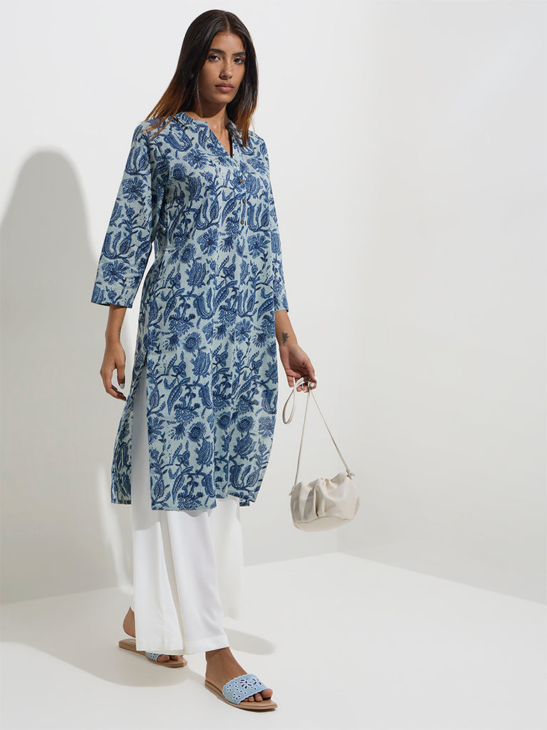 Utsa Blue Botanical Printed Straight Cotton Kurta