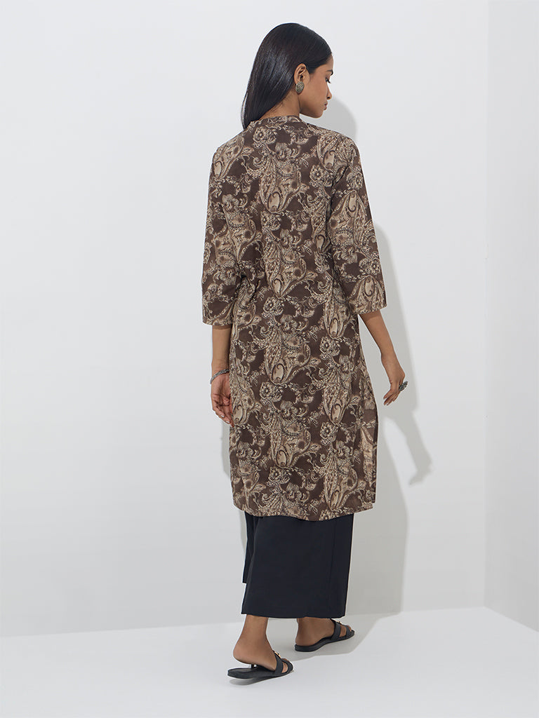 Westside Utsa Women's Brown Foliage Printed Straight Cotton Kurta for Everyday Back View