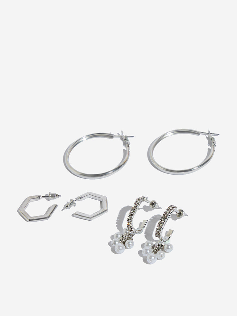 Westside Accessories Silver Pearl Hoop Earrings Set - Pack of 3