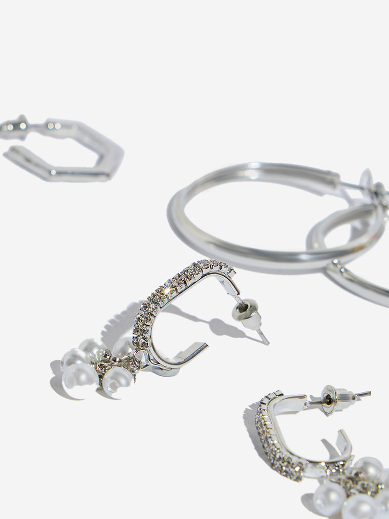 Westside Accessories Silver Pearl Hoop Earrings Set - Pack of 3