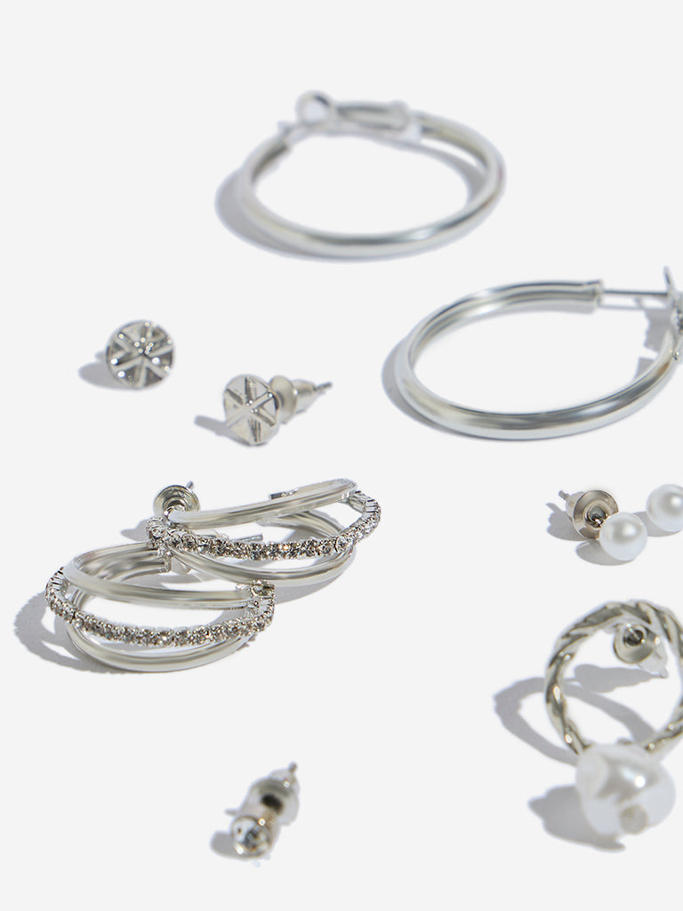 Westside Accessories Silver Pearl and Gemstone Stud and Hoop Earrings Set - Pack of 6