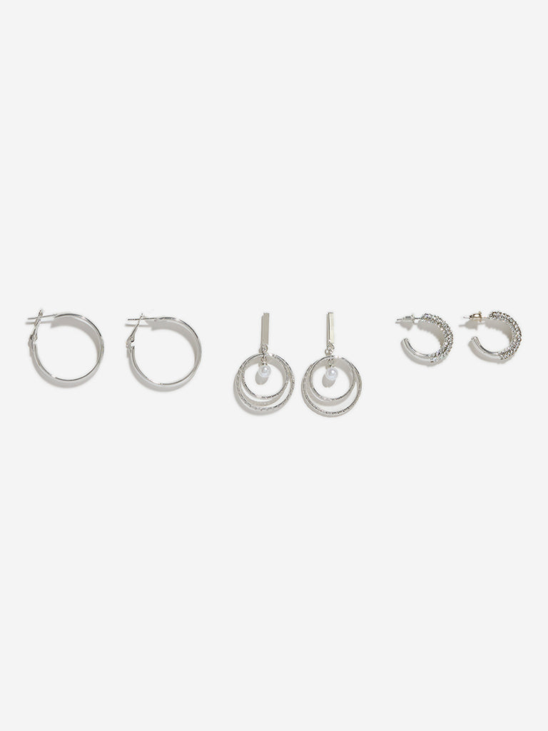 Westside Accessories Silver Trendy Circular Hoop Earrings Set - Pack of 3