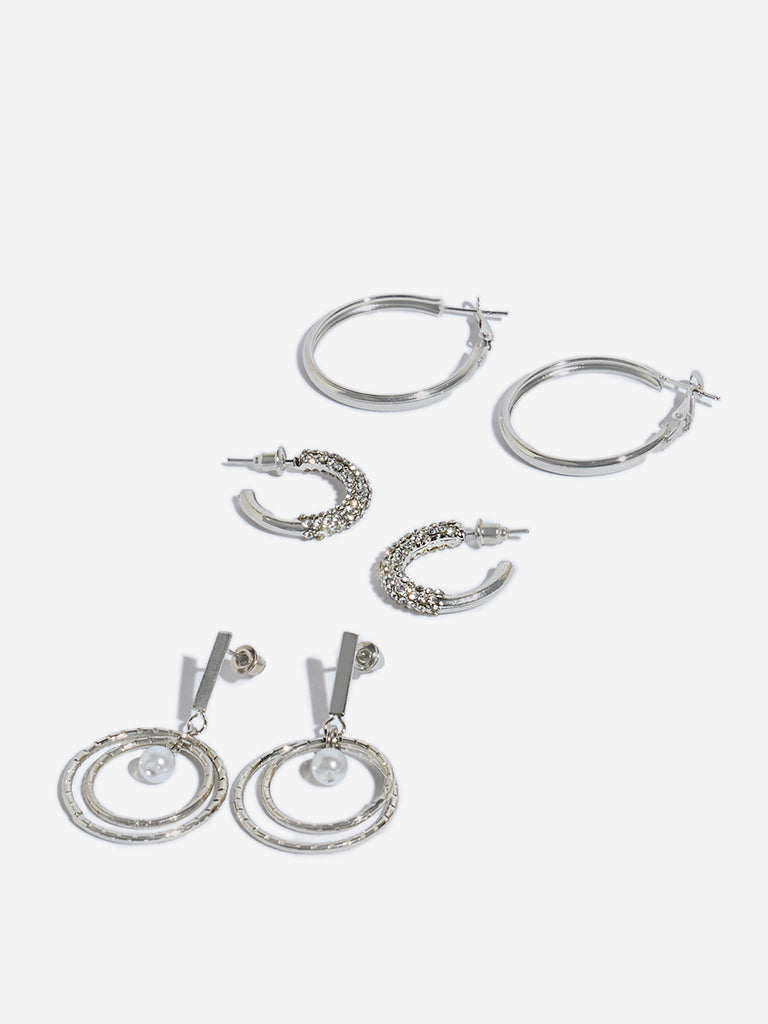 Westside Accessories Silver Trendy Circular Hoop Earrings Set - Pack of 3