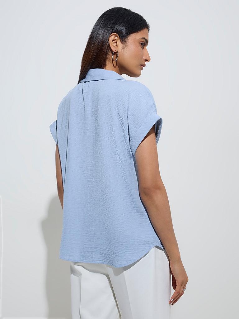 Westside Wardrobe Women's Dusty Blue Crinkle-Textured Top for Work Wear Back View