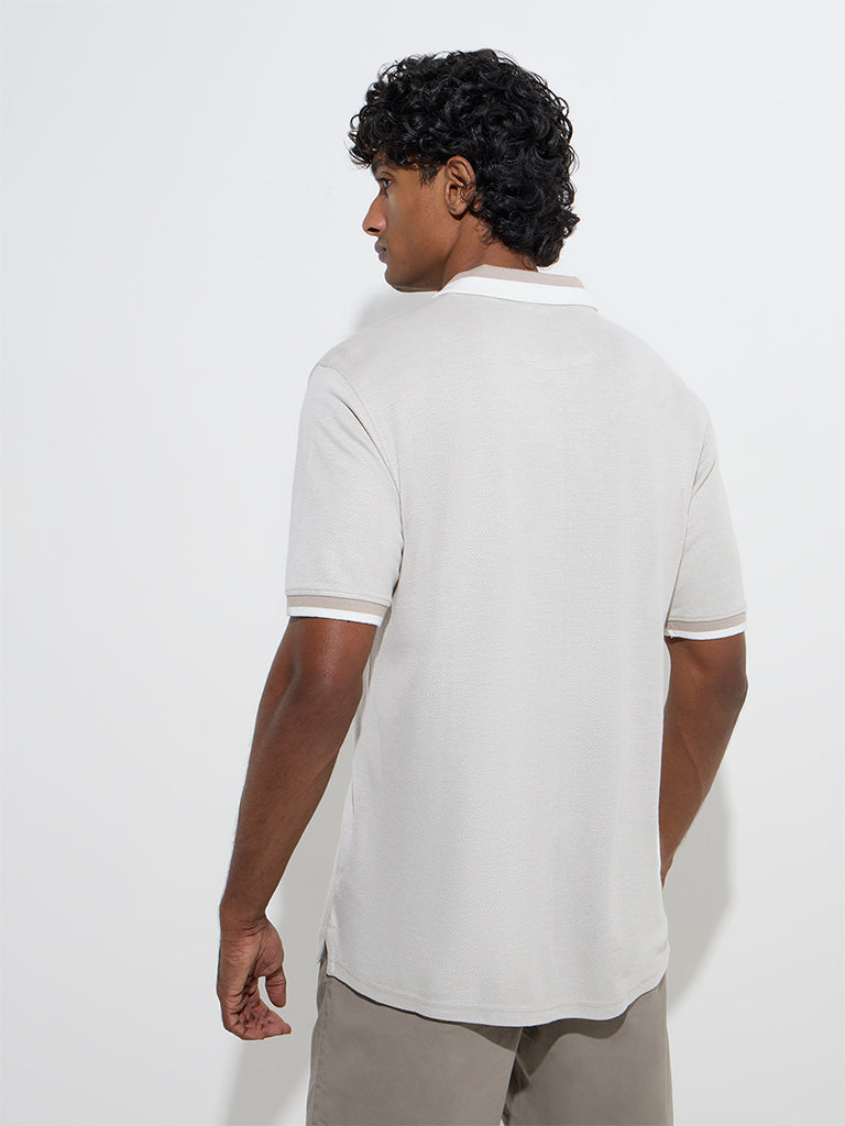 Westside WES Casuals Men's Beige Knitted Relaxed-Fit Polo T-Shirt for Casual Wear Back View