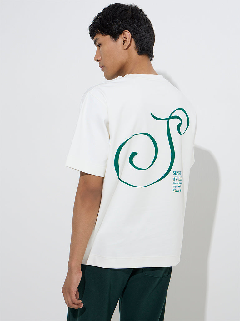 Westside Studiofit Men's White Text Print Relaxed-Fit Cotton-Blend T-Shirt for Sports Wear Back View