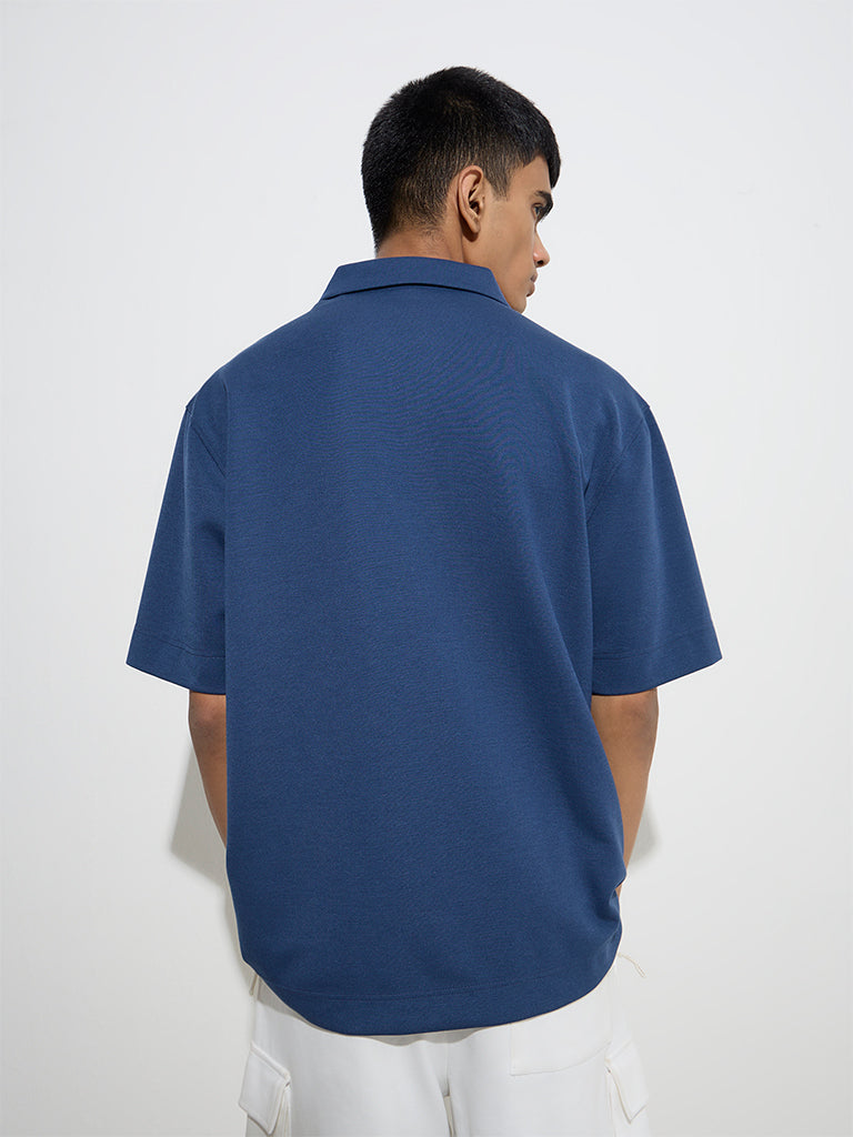 Westside Studiofit Men's Navy Logo-Detailed Relaxed-Fit Polo T-Shirt for Sports Wear Back View
