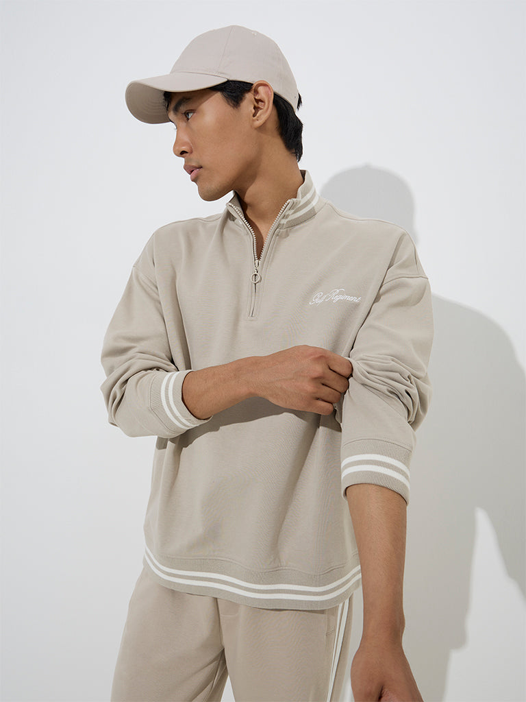 Westside Studiofit Men's Beige Printed Quarter Zip Cotton-Blend Sweatshirt for Winter Wear Front View
