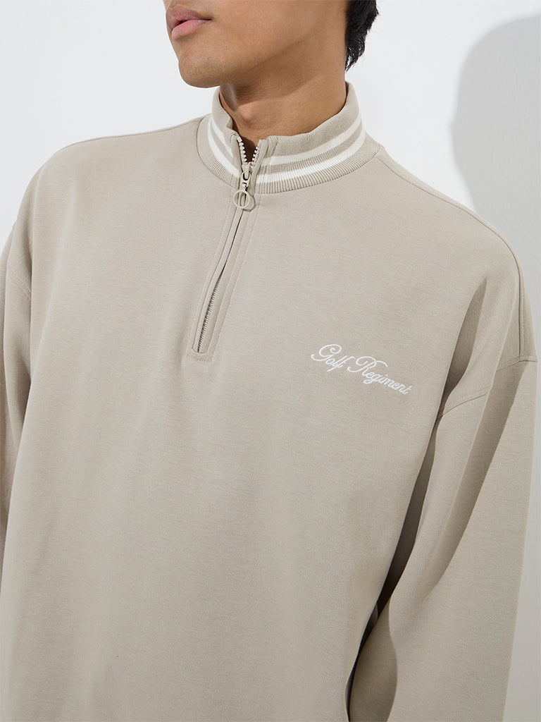 Westside Studiofit Men's Beige Printed Quarter Zip Cotton-Blend Sweatshirt for Winter Wear Zoomed View