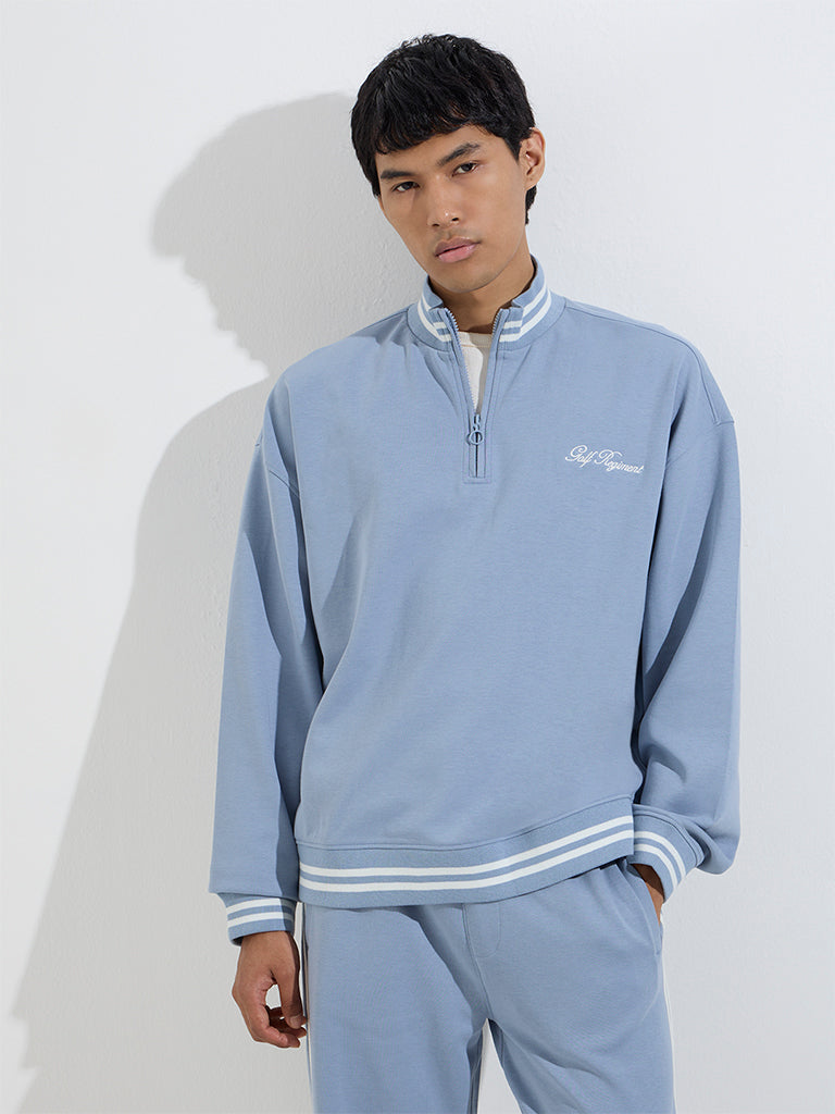 Studiofit Dusty Blue Quarter Zip Cotton-Blend Sweatshirt