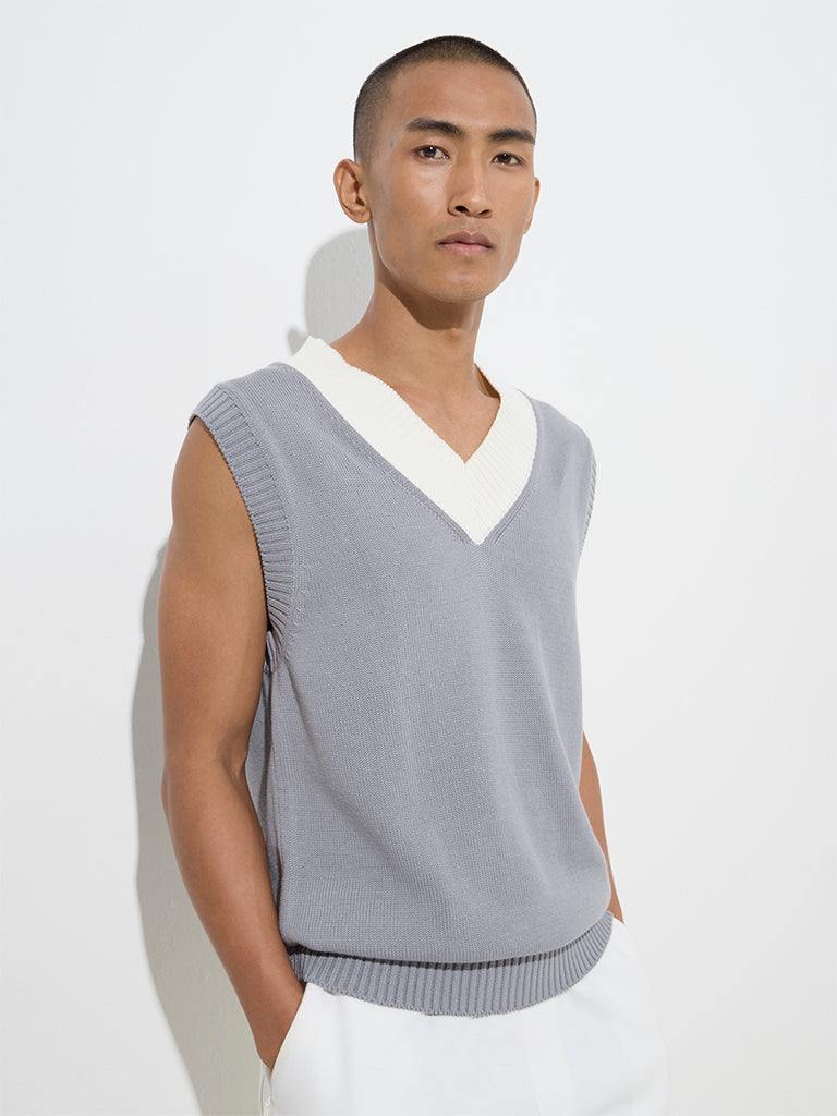 Westside Studiofit Men's Grey Knitted Relaxed-Fit Cotton Sweater Vest for Winter Wear Front View