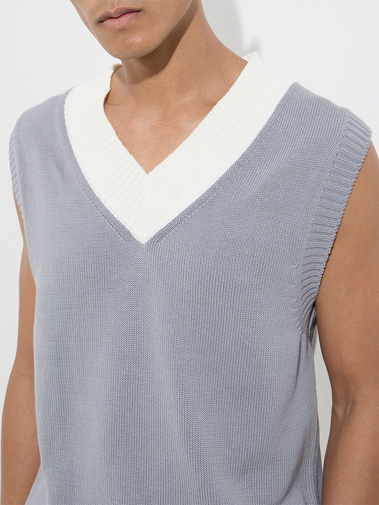 Westside Studiofit Men's Grey Knitted Relaxed-Fit Cotton Sweater Vest for Winter Wear Zoomed View