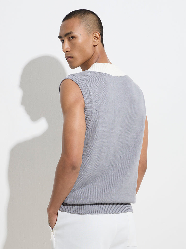 Westside Studiofit Men's Grey Knitted Relaxed-Fit Cotton Sweater Vest for Winter Wear Back View