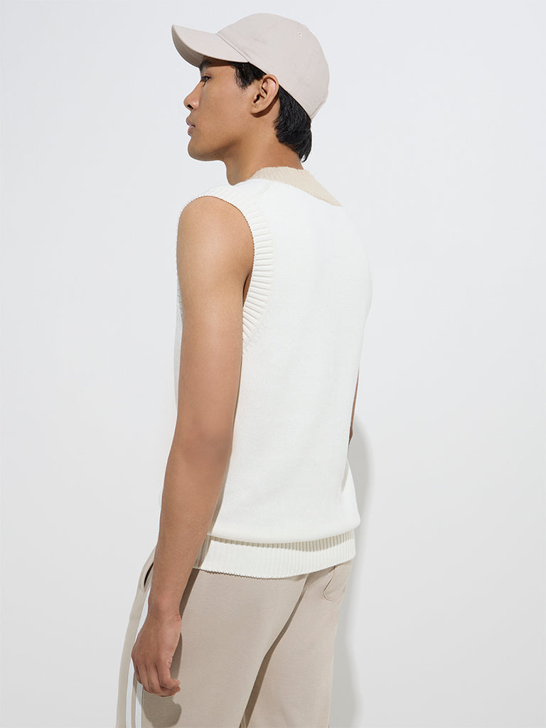 Westside Studiofit Men's White Knitted Relaxed-Fit Cotton Sweater Vest for Winter Wear Back View