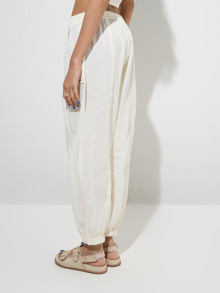 Westside Bombay Paisley Women's Off-White High-Rise Cotton-Blend Pants for Everyday Back View