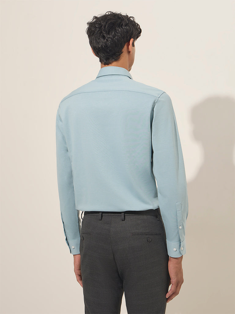 Westside WES Formals Men's Light Teal Slim-Fit Cotton-Blend Shirt for Work Wear Back View