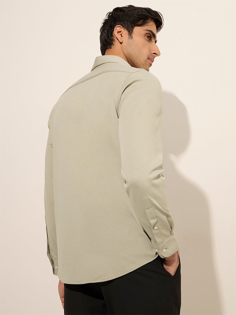 Westside WES Formals Men's Green Slim-Fit Cotton-Blend Shirt for Work Wear Back View