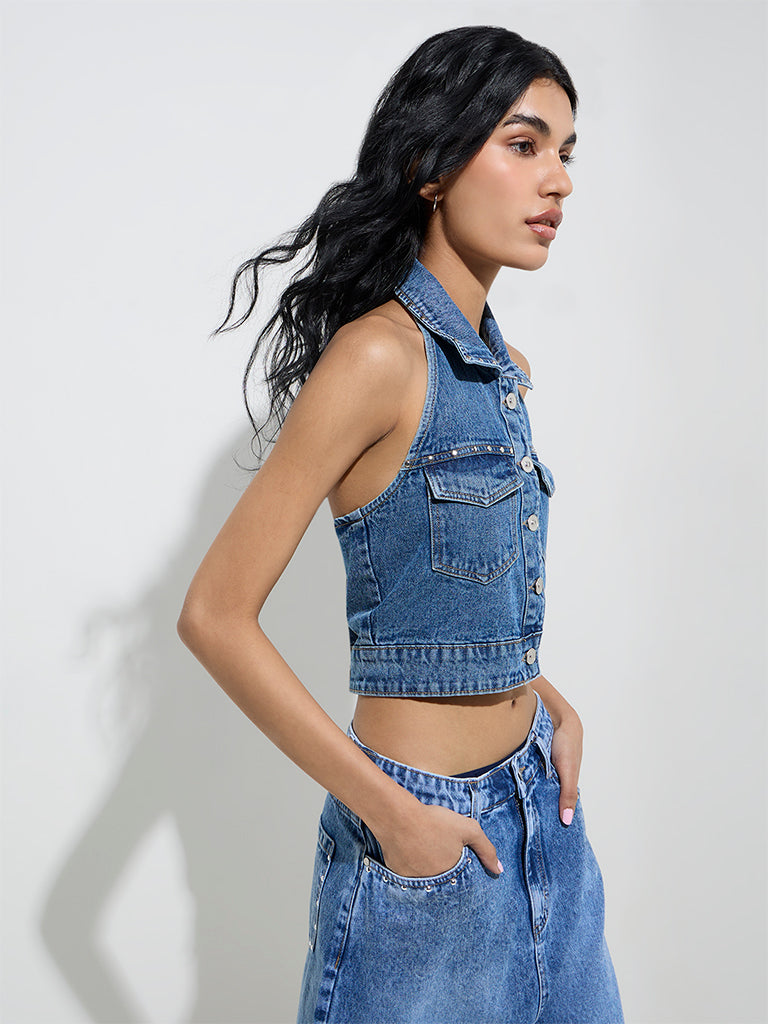 Westside Nuon Women's Blue Denim Waistcoat-Style Top for Casual Wear Front View