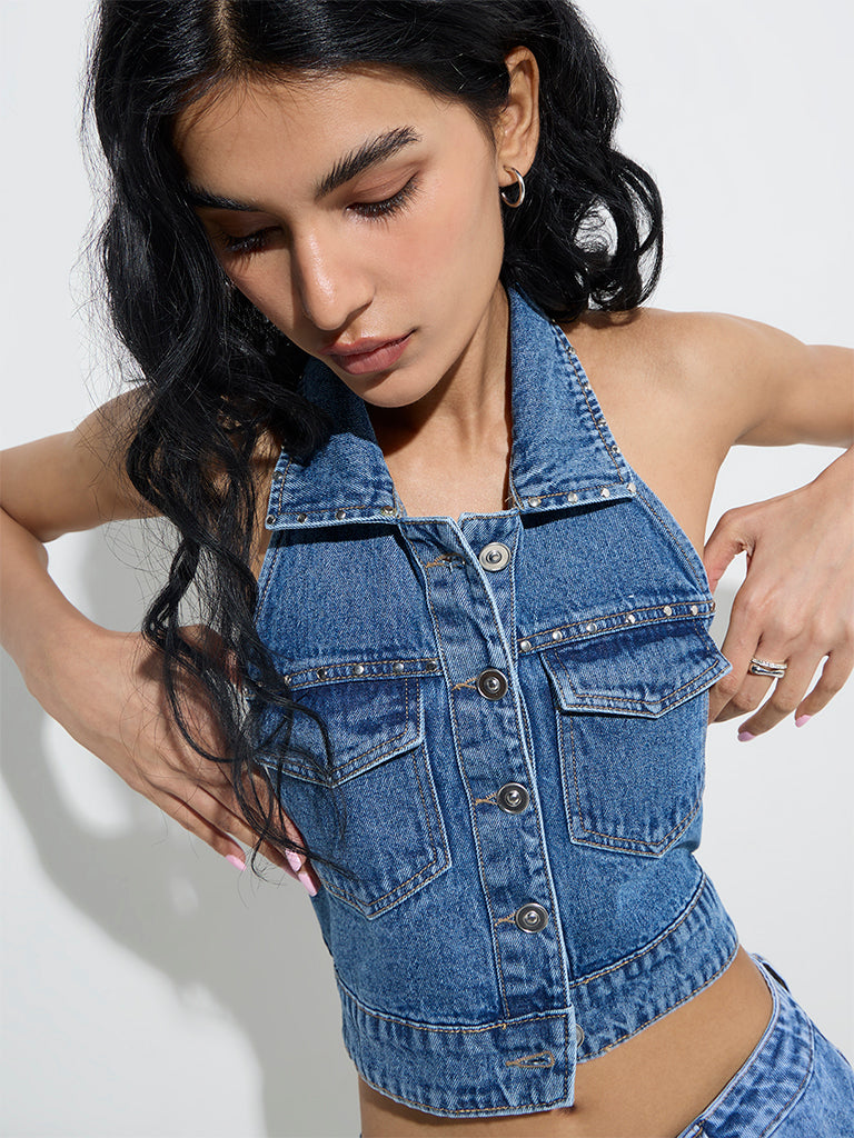 Westside Nuon Women's Blue Denim Waistcoat-Style Top for Casual Wear Zoomed View