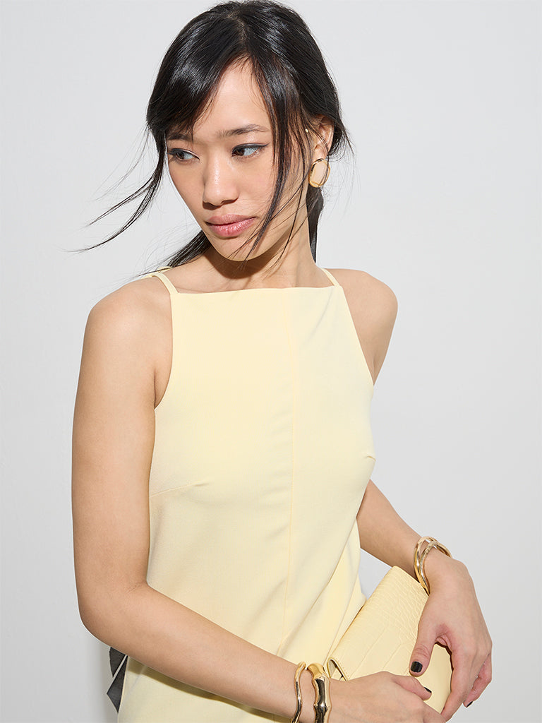 Westside Nuon Women's Yellow Solid Shift Dress for Casual Wear Front View