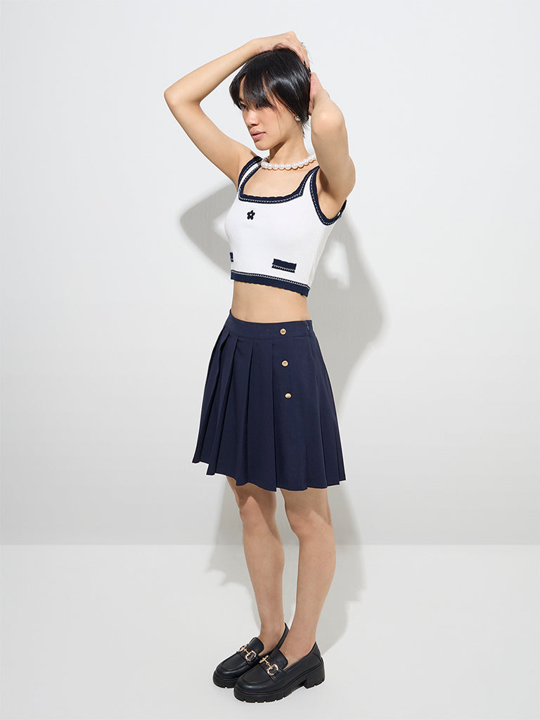 Westside Nuon Women's Navy Pleated High-Rise Cotton Skirt for Casual Wear Full View