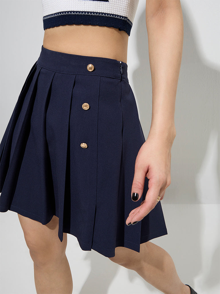 Westside Nuon Women's Navy Pleated High-Rise Cotton Skirt for Casual Wear Zoomed View