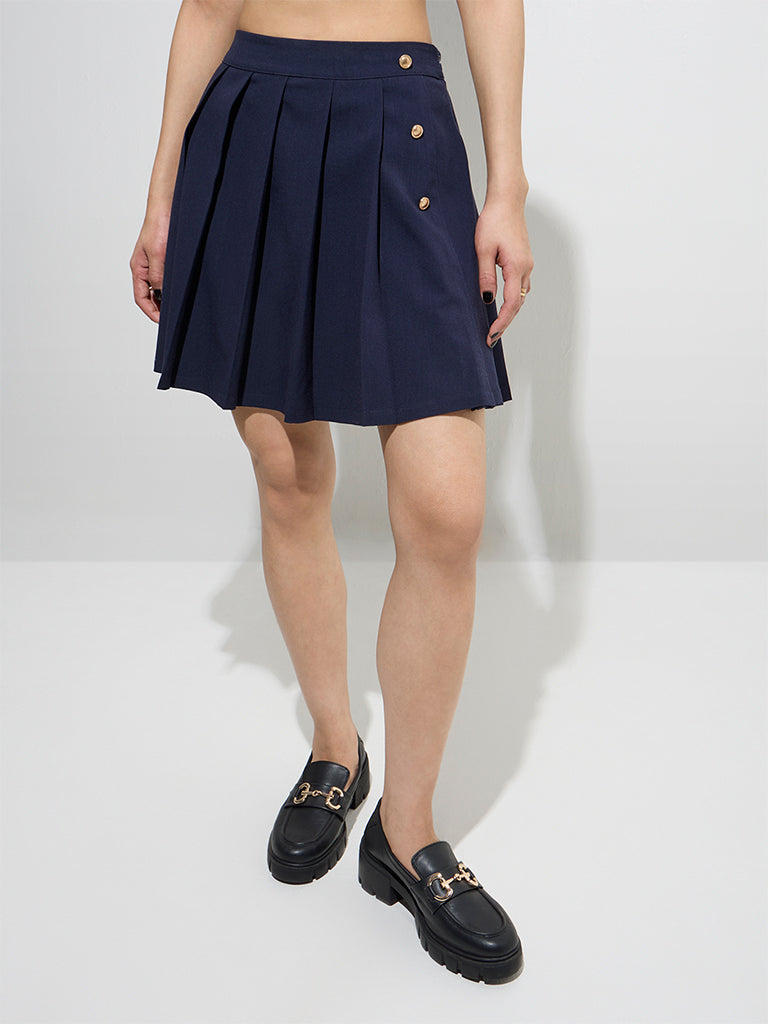 Westside Nuon Women's Navy Pleated High-Rise Cotton Skirt for Casual Wear Front View