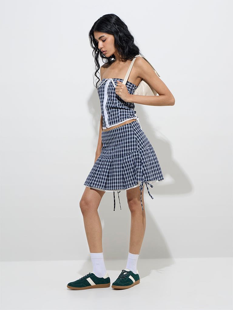 Westside Nuon Women's Navy Checks Design High-Rise Cotton Skirt for Casual Wear Full View