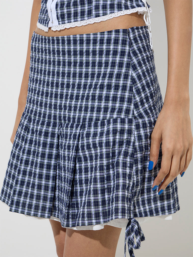 Westside Nuon Women's Navy Checks Design High-Rise Cotton Skirt for Casual Wear Zoomed View