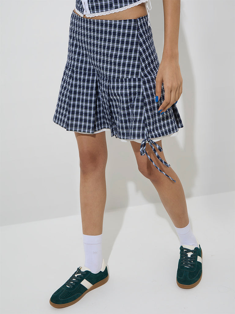 Westside Nuon Women's Navy Checks Design High-Rise Cotton Skirt for Casual Wear Front View