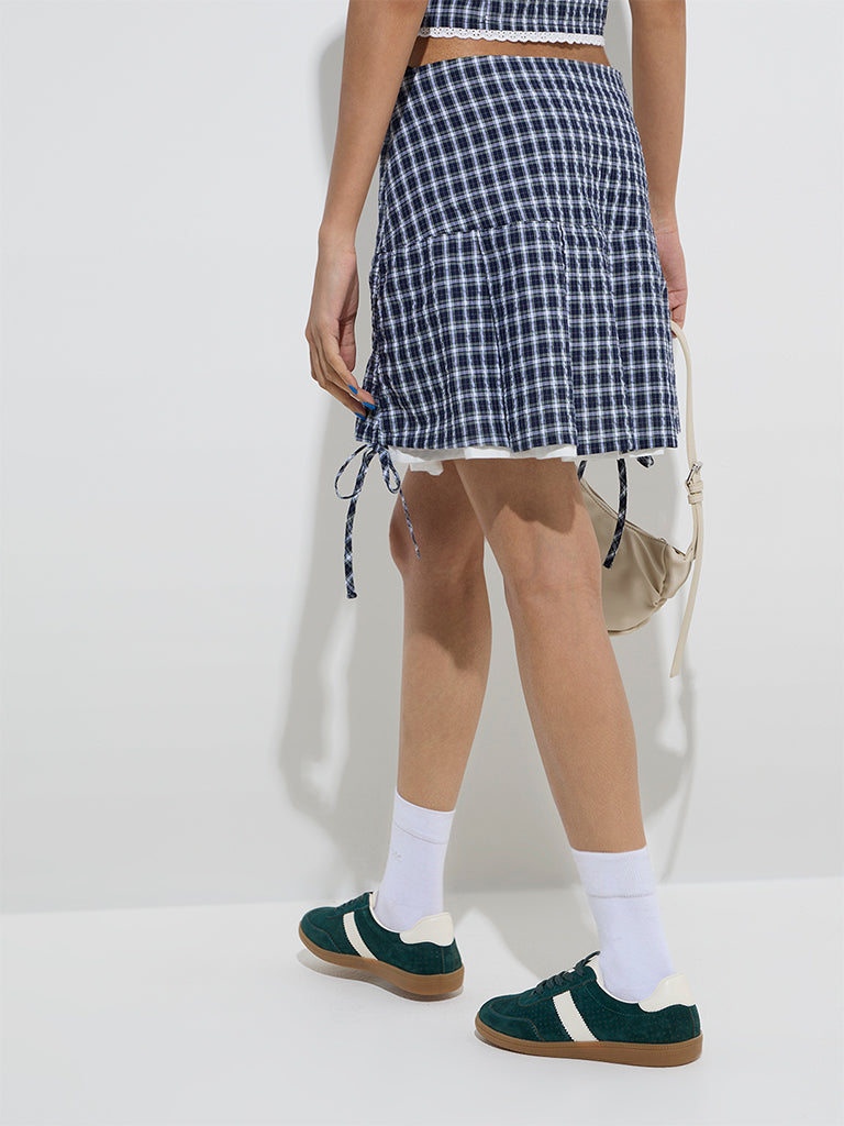 Westside Nuon Women's Navy Checks Design High-Rise Cotton Skirt for Casual Wear Back View