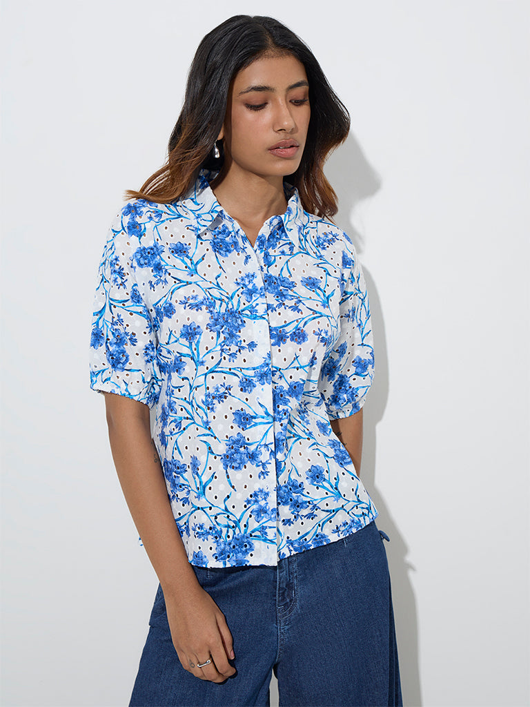 Westside LOV Women's Blue Floral Patterned Linen-Blend Shirt for Casual Wear Front View