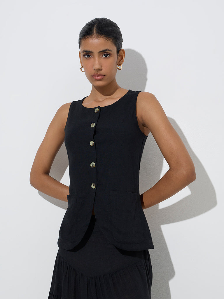 LOV Black Waistcoat-Style Linen-Blend Top