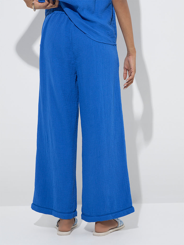 Westside LOV Women's Blue Crinkle-Textured High-Rise Trousers for Casual Wear Back View