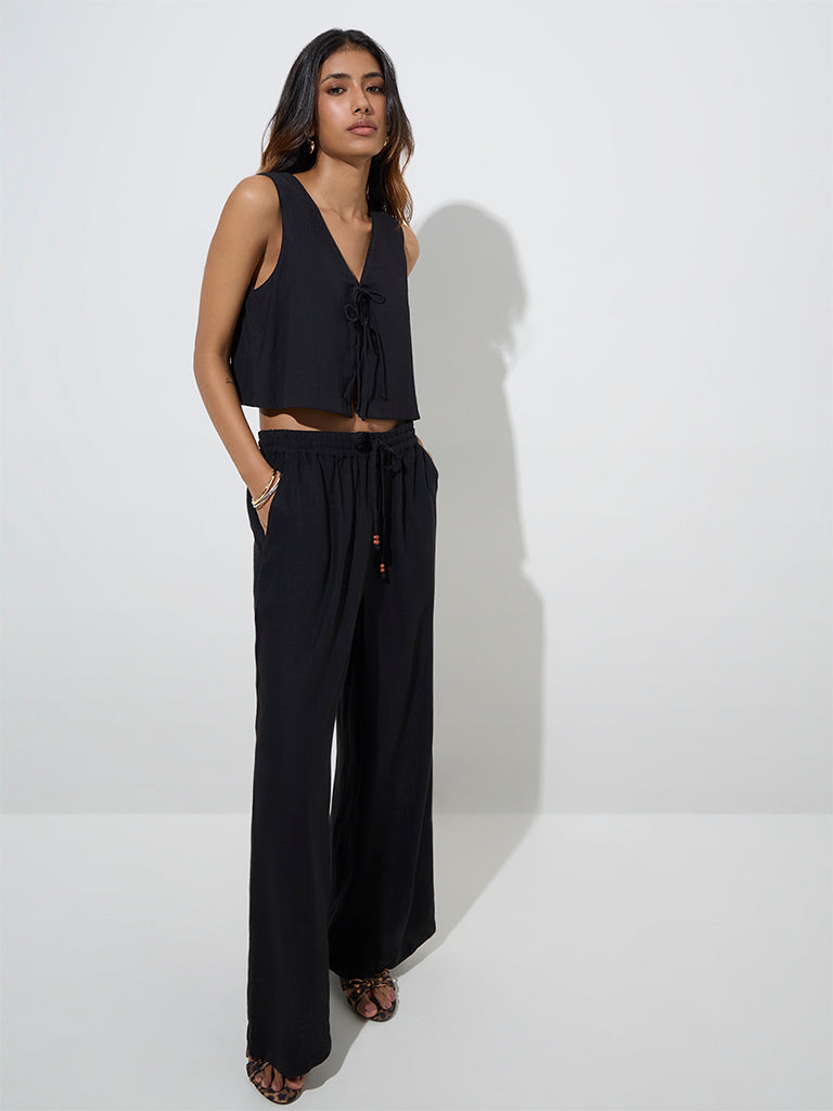 Linen Trousers Ladies Black Wide Leg Cropped Trousers Buy Black