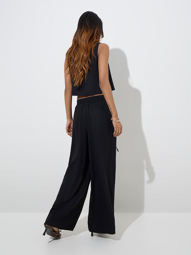 Westside LOV Women's Black Linen-Blend High-Rise Trousers for Casual Wear Back View