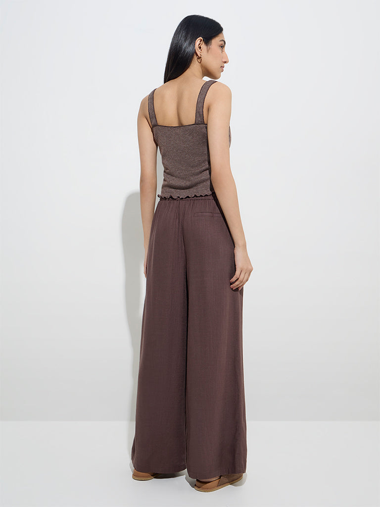 Westside LOV Women's Dark Taupe High-Rise Linen-Blend Pants for Casual Wear Back View