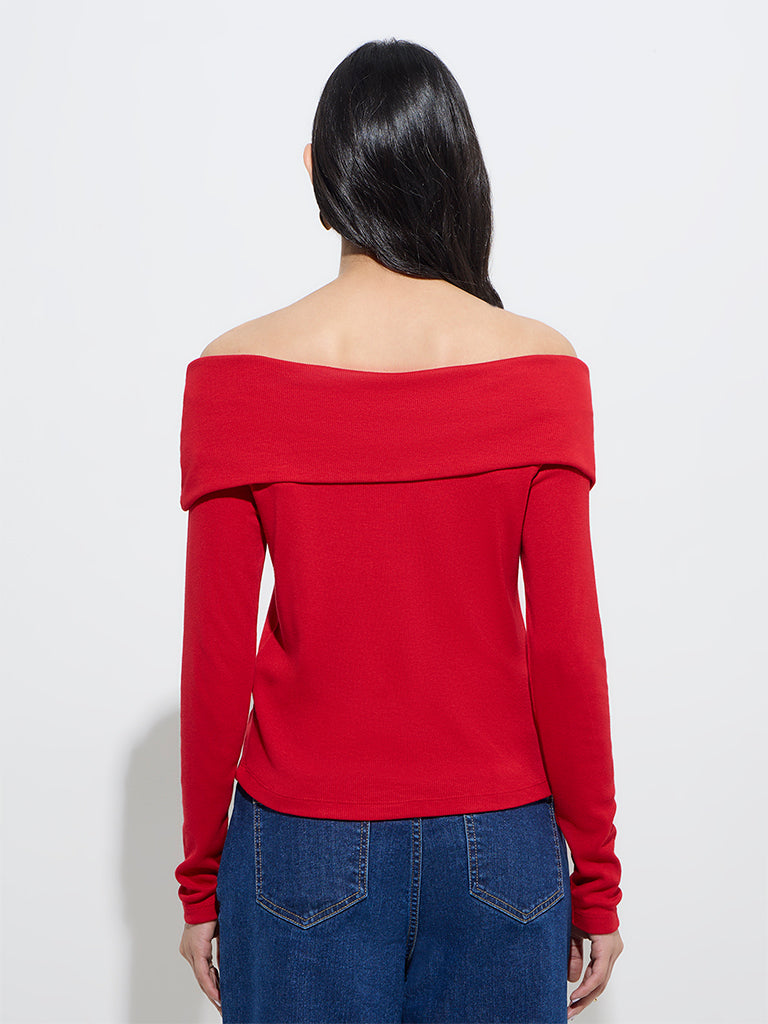 Westside LOV Women's Red Ribbed-Textured Off-Shoulder Top for Casual Wear Back View