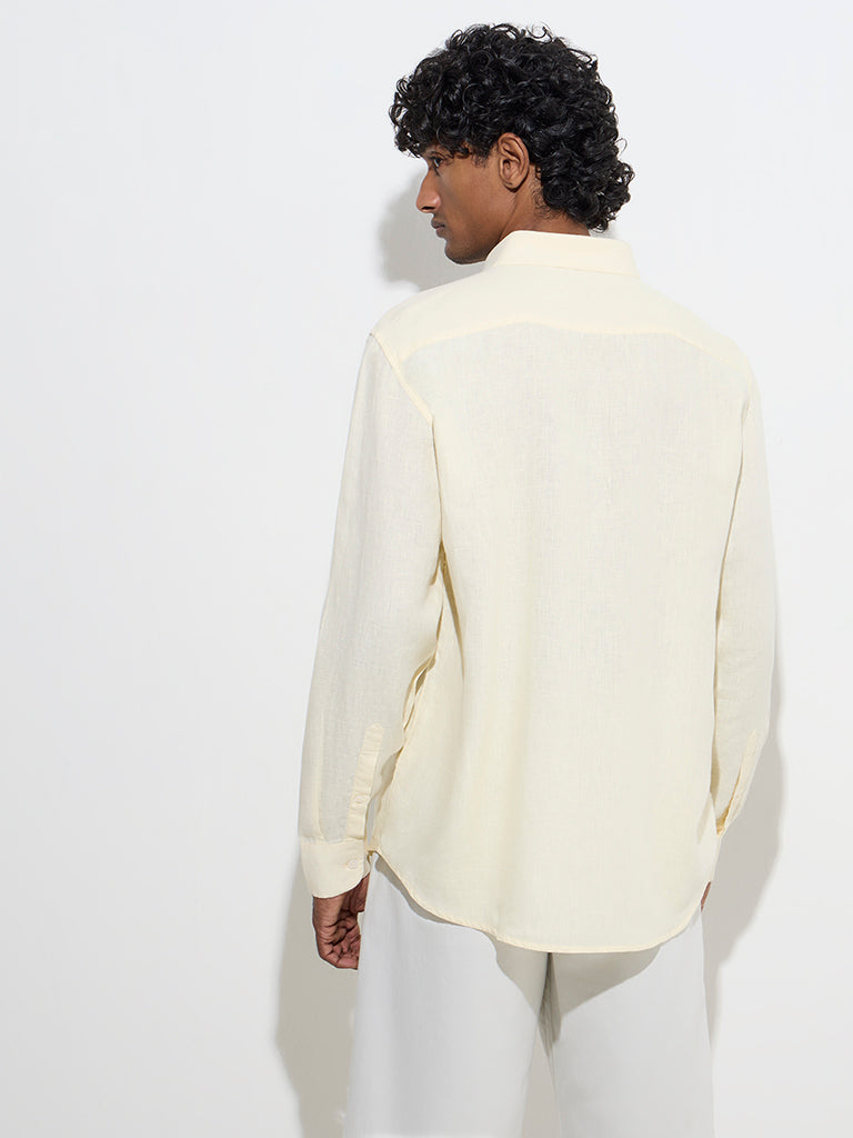 Westside Ascot Men's Light Yellow Solid Relaxed-Fit Linen Shirt for Casual Wear Back View