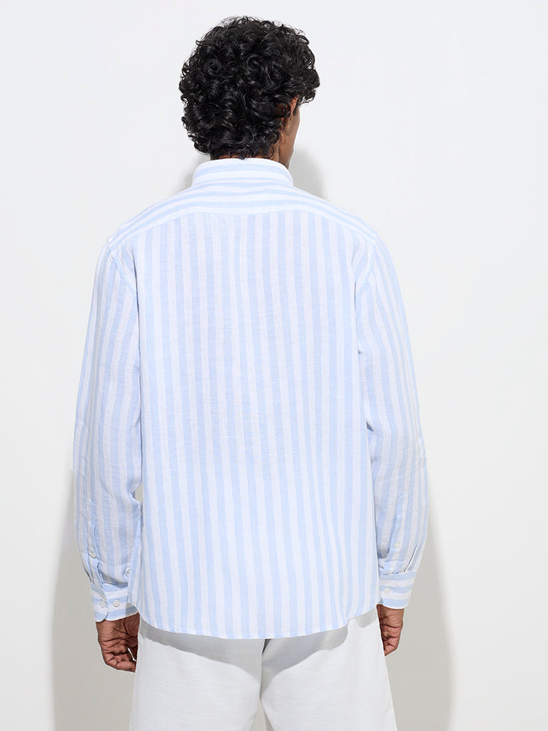 Westside Ascot Men's Light Blue Stripe Pattern Relaxed-Fit Linen Shirt for Casual Wear Back View