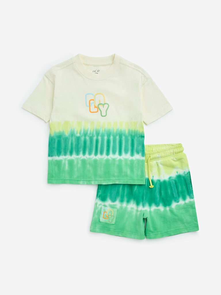Westside HOP Kids Green Tie-Dye Cotton T-Shirt & Shorts Set for Casual Wear Front View