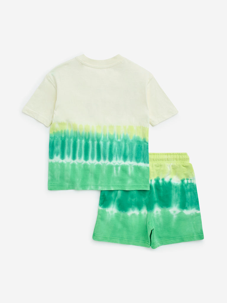 Westside HOP Kids Green Tie-Dye Cotton T-Shirt & Shorts Set for Casual Wear Back View