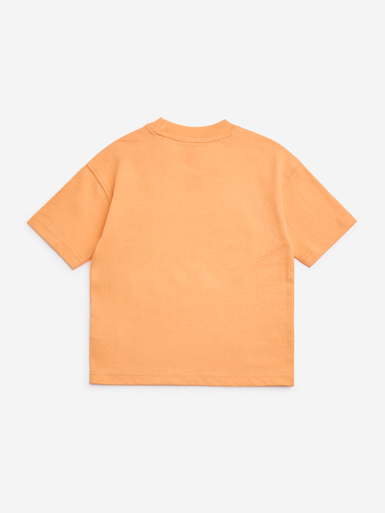 HOP Kids Orange Text Printed Cotton T-Shirt